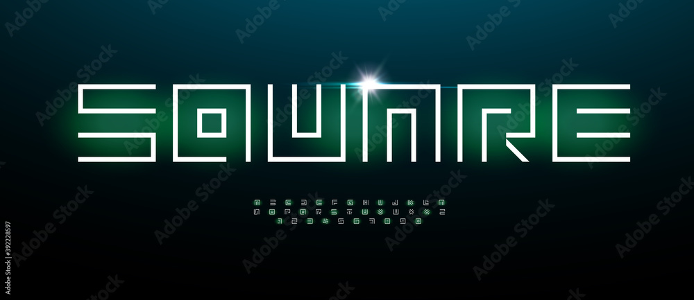Poster maze futurism alphabet. square architect stunning font, cyber technology type for modern futuristic 