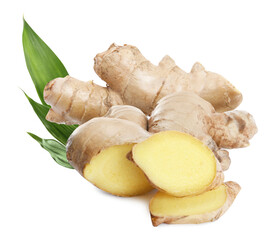 Aromatic fresh ginger with green leaves on white background