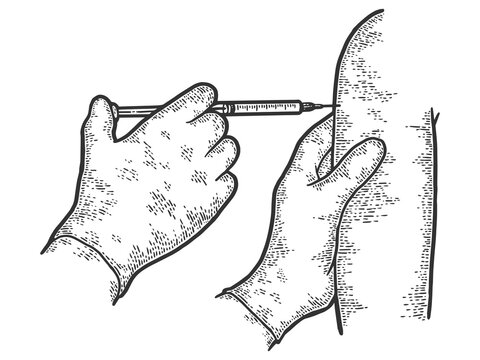 Vaccination in the shoulder against diseases. Engraving raster illustration.