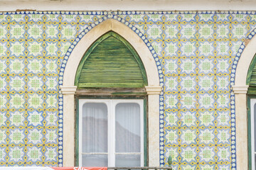 detail of one of the 800 tiled facades with geometric azulejos identified in Ovar, Aveiro district, Portugal