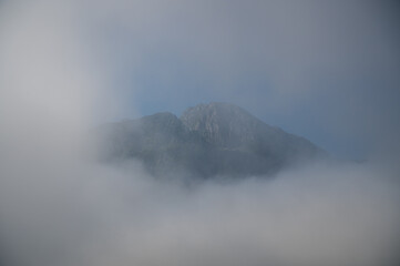 A mountain top wrapped in the fog
