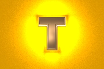 aged gold or copper brassy alphabet with intense yellow noisy backlight - letter T isolated on orange, 3D illustration of symbols