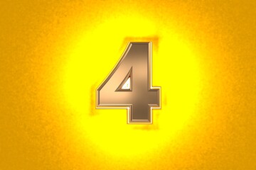 Fototapeta premium aged gold or copper metalline font with intense yellow noisy backlight - number 4 isolated on orange, 3D illustration of symbols