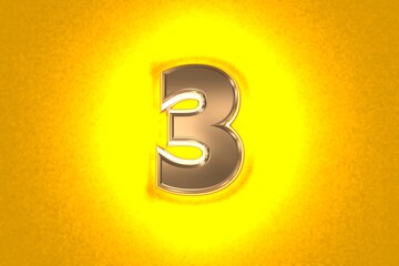 aged gold or copper metal alphabet with intense yellow noisy backlight - number 3 isolated on orange background, 3D illustration of symbols