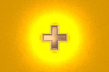 aged gold or copper metal font with intense yellow noisy backlight - plus isolated on orange, 3D illustration of symbols