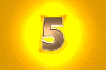 aged gold or copper brassy font with intense yellow noisy backlight - number 5 isolated on orange background, 3D illustration of symbols