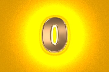 Fototapeta na wymiar aged gold or copper metal alphabet with intense yellow noisy backlight - number 0 isolated on orange, 3D illustration of symbols