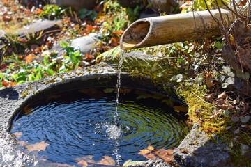 竹筒から流れる天然水