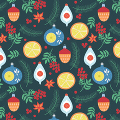 Christmas Seamless Vector Pattern With Retro Glass Toys, Orange Slices, Star Anise, Ashberry And Fir Branches On Dark Green.