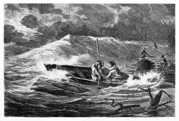 boat countercurrent on Amazon river during a violent dark storm. Ancient grey tone etching style art by Riou, Biard and Therington, published on Le Tour du Monde, Paris, 1861