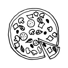 Pizza italian traditional food. Hand drawn sketch style. Vector illustration isolated on white background for restaurant menu and package design, poster, web.