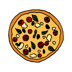 Pizza italian traditional food. Hand drawn sketch style. Vector colorful illustration isolated on white background for restaurant menu and package design, poster, web.