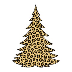 Christmas tree. Leopard print. Animal decorative ornament. Holiday symbol. Vector illustration. Isolated on white background. For postcards, printing on T-shirts, bags, posters, flyers.