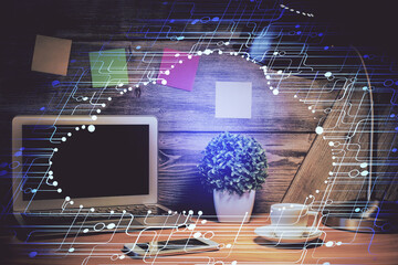 Multi exposure of desktop with computer on background and tech theme drawing. Concept of big data.