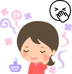 香水の匂いがきつい女性と鼻を塞ぐ人物
