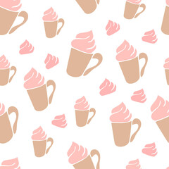 Seamless pattern. Cup with cream. Hot chocolate, cocoa, coffee. Vector. Decor element. Suitable for wrapping paper, postcards, wallpapers or textiles.