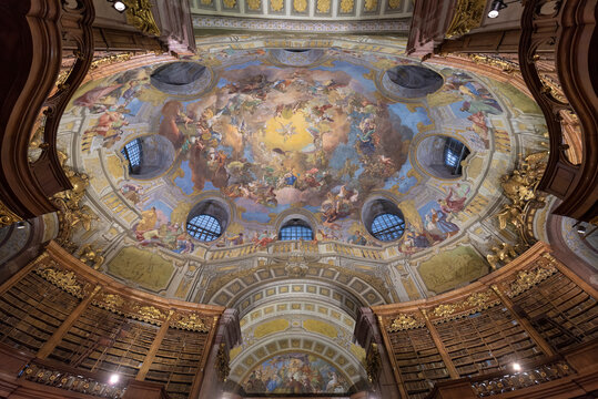 Vienna, Austria - 29.01.2020: Interior of the Austrian National Library located in the Neue Burg Wing of the Hofburg palace. State Hall or the Prunksaal. Osterreichische Nationalbibliothek