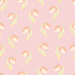 Seamless pattern. Pony on a pale pink background. Vector. Decor element. Suitable for wrapping paper, postcards, wallpapers or textiles. Children's illustration