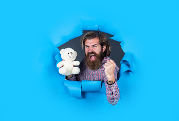 feel the success. happy valentines day. toy shop concept. play with bear toy. mature man bear present. gift for you. positive male enjoying game. surprise for anniversary holiday celebration