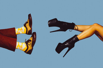 Couple in love. Modern art collage in pop-art style. Hands isolated on trendy colored background with copyspace, contrast. Modern design with copyspace for advertising. Trendy colors.