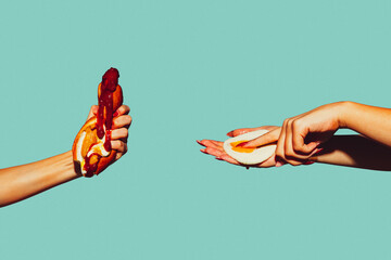 Tasty food. Modern art collage in pop-art style. Hands isolated on trendy colored background with...