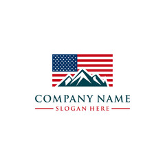 american flag and mountain logo design vector
