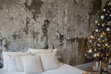 Christmas bedroom with grey walls