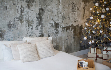 Christmas bedroom with grey walls