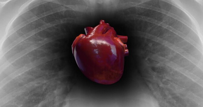 Human Heart Beat Inside Of X-Ray Skeleton. Pumping Blood. Science And Health Related 3D Animation.