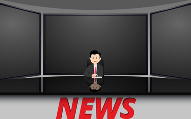 broadcaster on the glass table and lcd background in the news studio room