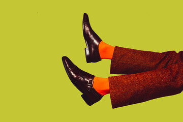 Stylish shoes, outfit. Modern art collage in pop-art style. Legs isolated on trendy colored background with copyspace, contrast. Modern design with copyspace for advertising. Trendy colors.