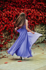 Fototapeta premium Dancing girl picture from the back. Grl in a long purple dress dancing against a background of red autumn ivy. Autumn picture with a dancing young woman