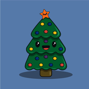 Nice Kawaii Christmas Tree Smiling. Vector Illustration