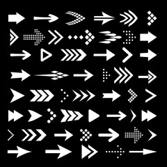 Big Icon Set of Flat White Arrows. Isolated Arrow Icon Set Collection for Back and Next User Interface Icons. Different Shape Concept for Undo and Redo Web Buttons on Black
