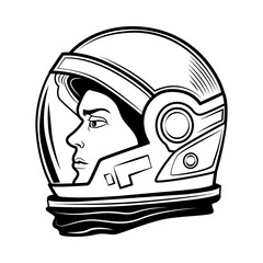 Retro cosmonaut head in helmet vector illustration. Black and white cosmonaut or astronaut head. Galaxy and cosmos exploration concept can be used for retro template, banner or poster