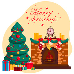  Christmas fireplace with candles and a clock. Decorated with garland and bows