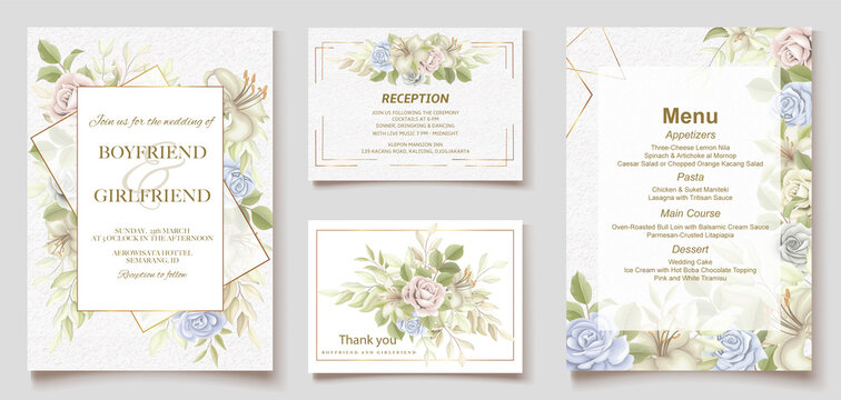 Floral wedding invitation and menu template