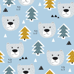 Seamless pattern, bears, fir trees, hand drawn overlapping backdrop. Colorful background vector. Illustration with animals. Decorative wallpaper, good for printing - 392242112