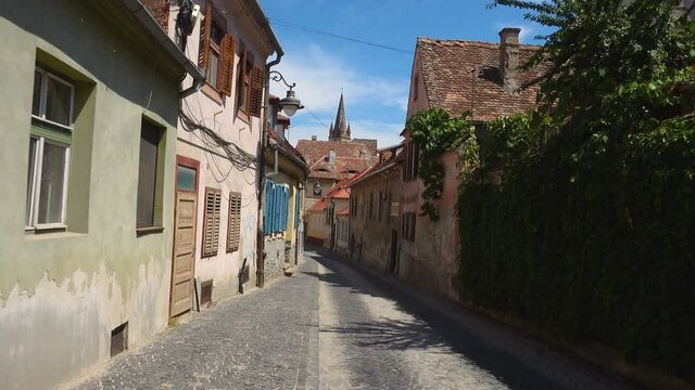 SIBIU, ROMANIA, JULE 18, 2019: empty streets at the hictorical center of of medieval Sibiu city, Romania
