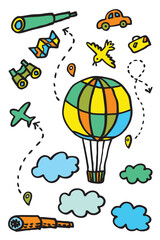 Set of hand drawn doodles of travel. Children illustration in sketch style. Vector illustration isolated on white background.