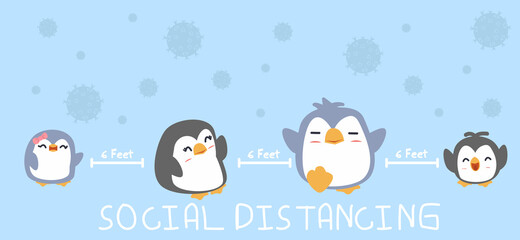family penguin social distancing to prevent Coronavirus Stop Covid-19 poster with text