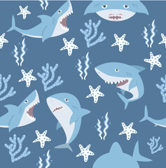 Cute Shark cartoon with sea anemone seamless pattern