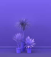 group of plants and flowers in plain single color purple, magenta empty interior room for copy space and poster frame backgrounds. 3D rendering