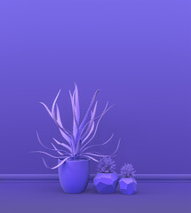 multiple plants front of a solid color wall in violet room for copy space and picture frame backgrounds. 3D rendering