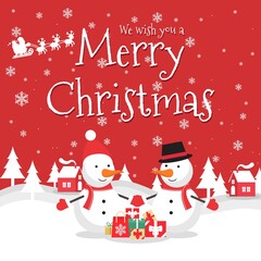 Merry Christmas vector Illustration background.  include Snow man wearing Hat scarf and winter glove, santa, deer, tree, snow, etc. good for banner, card, book, gift, and happiness