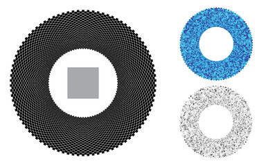 Black circle with repeated element in center. Blue and grey colors and sizes randomly. Squares vector background.