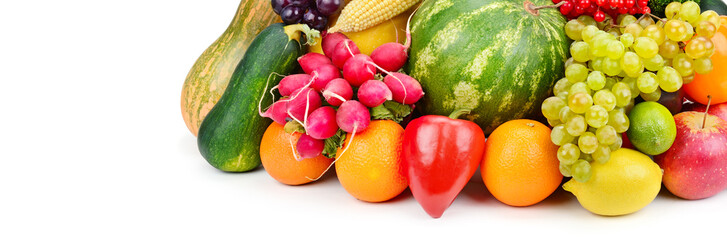 Fruits and vegetables isolated on a white background. Free space for text. Wide photo