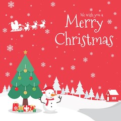 Fototapeta na wymiar Merry Christmas vector Illustration on color background. include Snow man wearing Hat scarf and winter glove, santa, deer, tree, snow, etc. good for banner, card, book, gift, and happiness