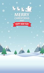 Merry Christmas and happy new year, vector Illustration background.  include santa, deer, tree, snow, etc. good for banner, card, book, gift, and happiness.