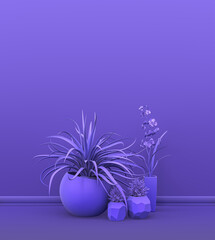 Interior room in plain monochrome violet color with group of decorative house plants, for copy space and poster frame backgrounds. 3D rendering